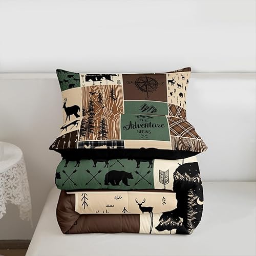 Miniatura 7 de Juego de edredón de oso de caza, ciervo, juego de ropa de cama a cuadros tamaño King, edredón rústico de retazos de cabaña para niños, adolescentes,