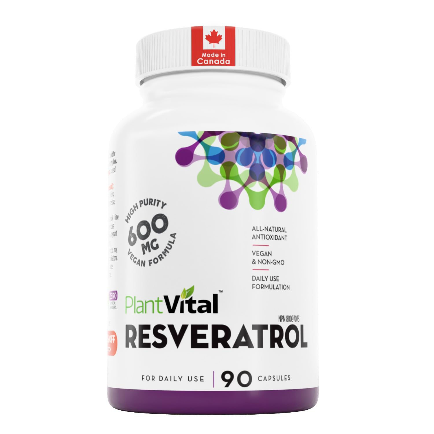 PlantVital Resveratrol 600mg - Made in Canada - High Potency - Provides Antioxidants - Trans Resveratrol Supplements -Antioxidant Supplement - 3 Months Supply - 90 Vegan Capsules