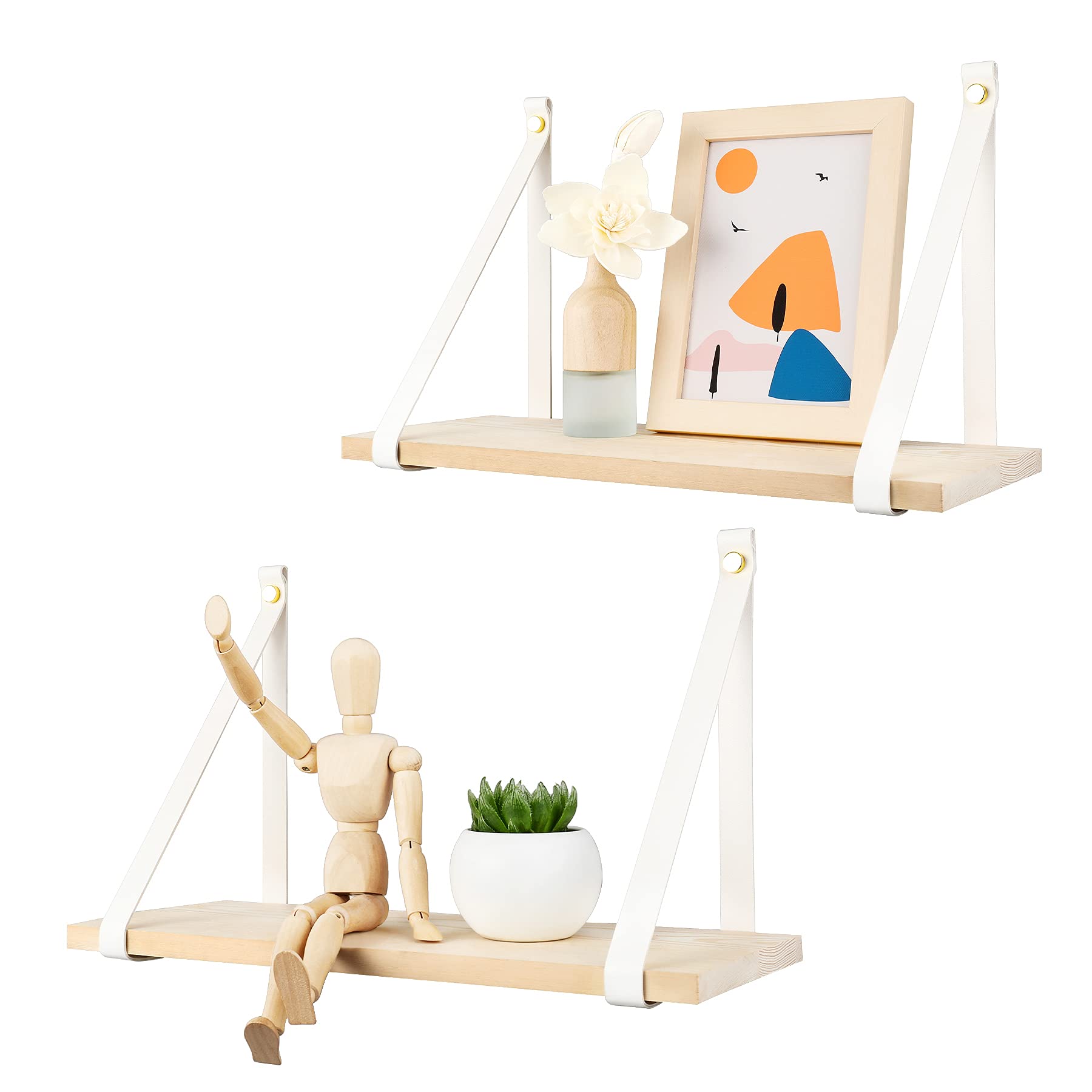 POTEYNatural Wood Floating Shelves Wall PU Leather Strap for Bathroom Bedroom, Living Room, Kitchen, Set of 2 Solid Wooden Hanging Plant Shelf Over Toilet, Modern Home Décor