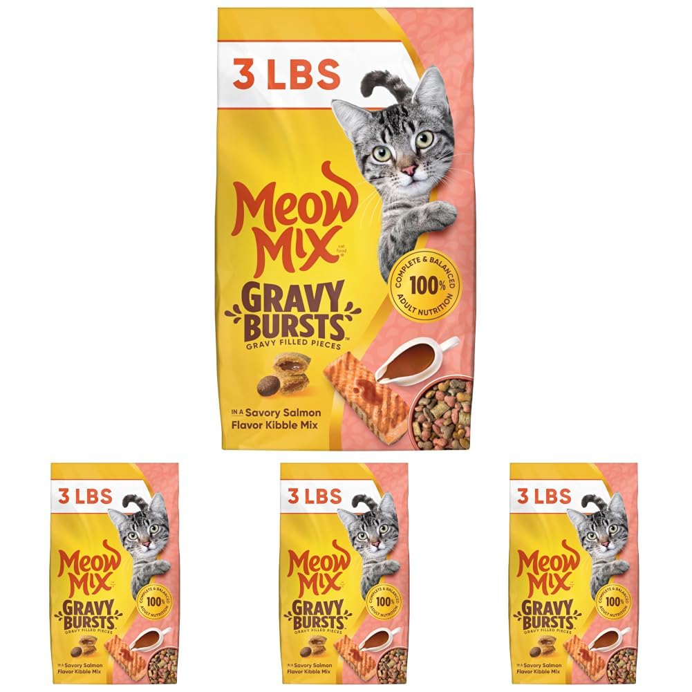 Meow Mix Gravy Bursts, Dry Cat Food, Savory Salmon Flavor, 3 Pound Bag, 3 Pound (Pack of 4)