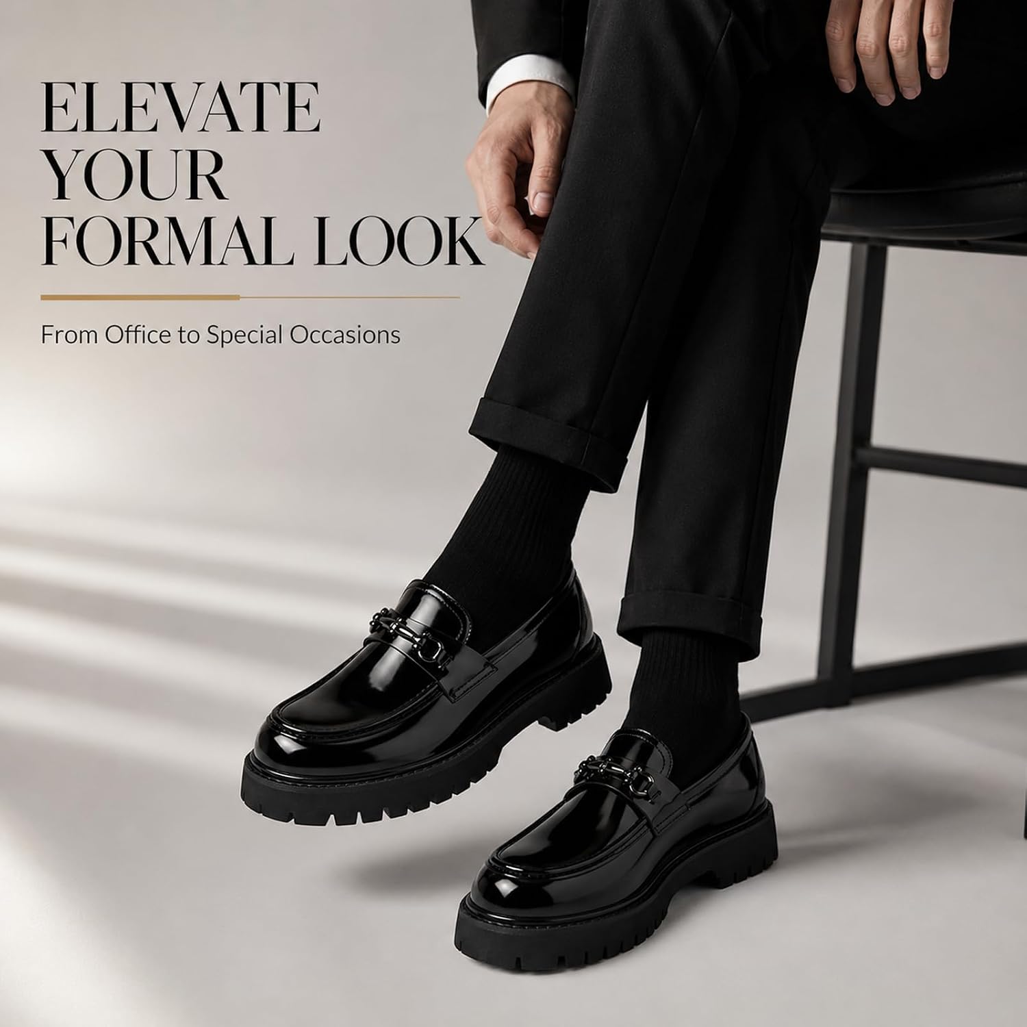 Men's Patent Leather Chunky Platform Loafers, Slip On Horsebit Dress Shoes with Non-Slip Lug Sole, Classic Round Toe Business Casual Shoes for Office, Work, Wedding & Formal Events