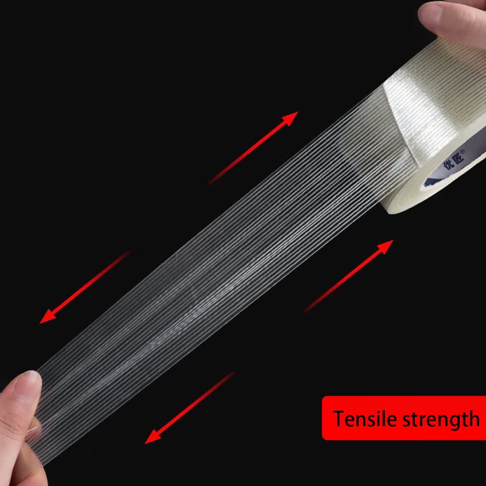 1 Rollo Cinta de Fibra de Vidrio 20mm x 50m Cinta de Filamentos Bidireccionales Claro Filamento Cinta de Flejado para Flejar, Reforzar, Empaquetar y Sellar