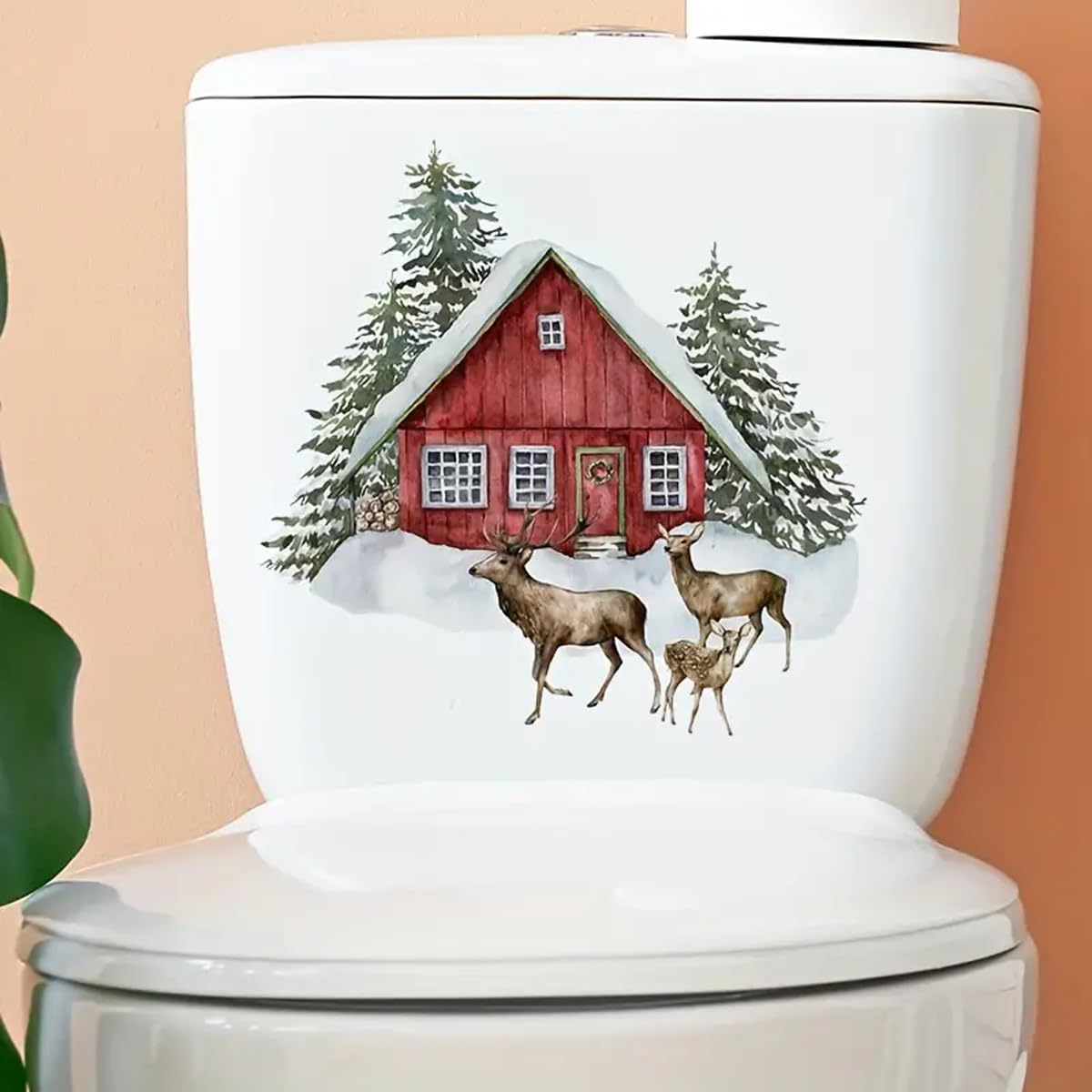 Tolovis Color Christmas House Elk Flower Toilet Cover Sticker Decals,Flower Leaf Bird Waterproof Toilet Lid Tank Seat Decals Cistern Self-Adhesive Bathroom Wall Sticker