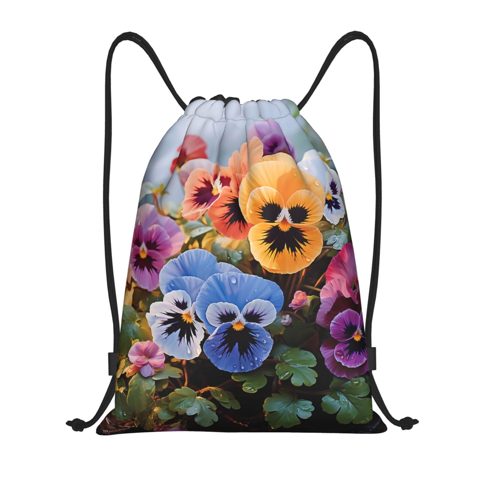 Fjwslch Unisex Black Pansy Flowers Drawstring Backpack Lightweight Draw String Bag Cinch Bags Waterproof Gym Bag For Men Women Swim Bag, S