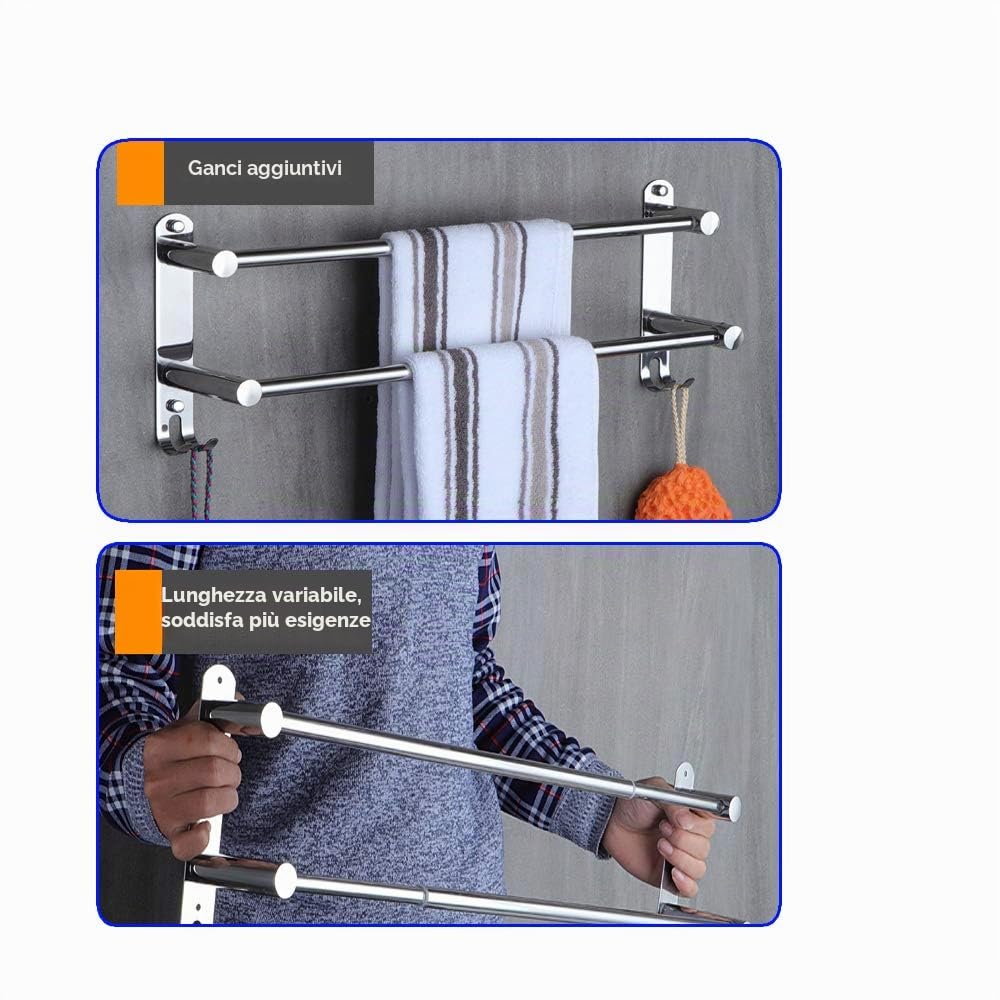 Portasciugamani Muro HONPHIER® Portasciugamani da Parete Porta Salviette Da Bagno Porta Salviette Acciaio Inossidabile Cromato Retrattile 49-90CM Portasciugamani Cromo