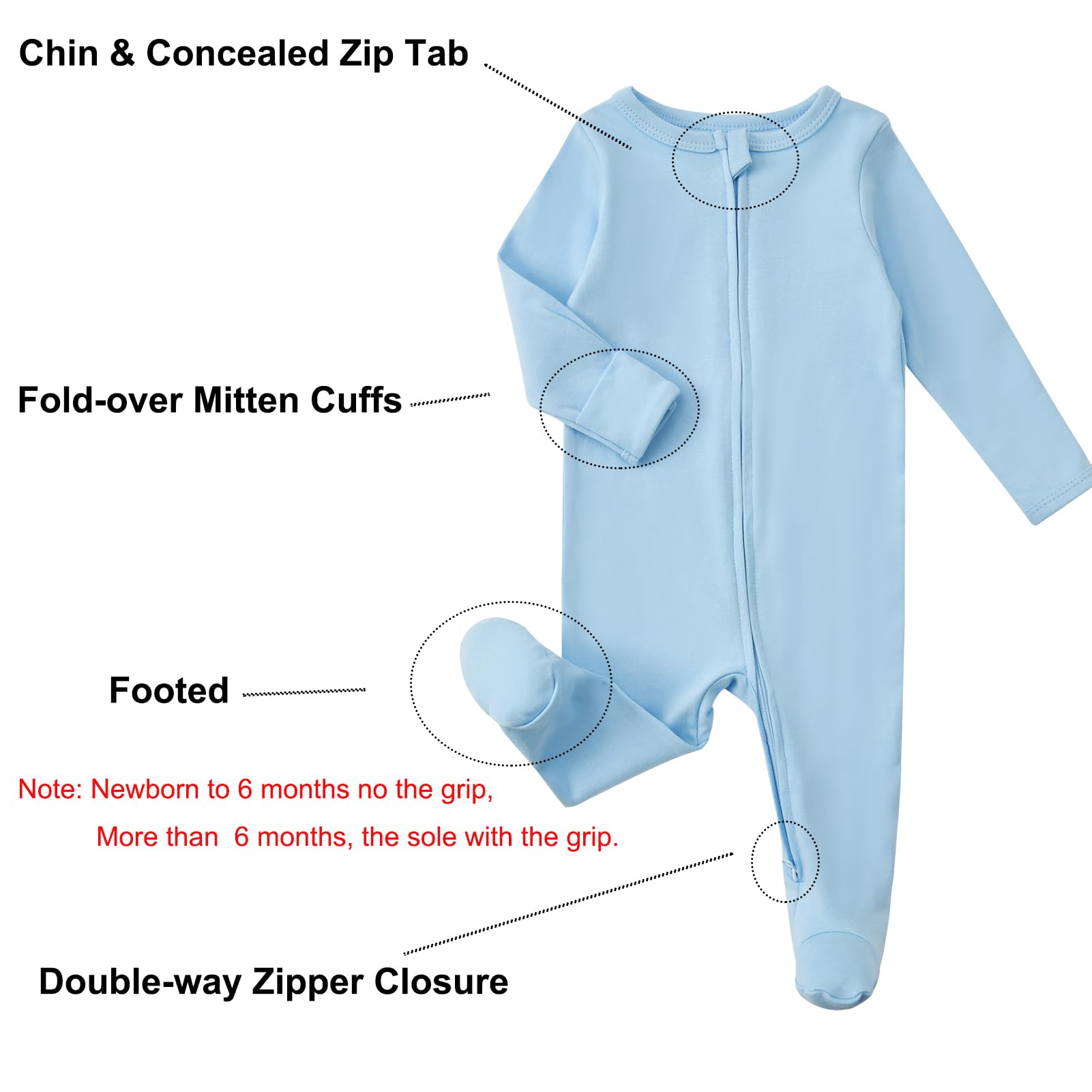 Aablexema Baby Footed Pajamas with Mitten Cuffs Zipper 4-Pack Infant Newborn Cotton Long Sleeve Outfit(Green/Blue Set,3-6m)