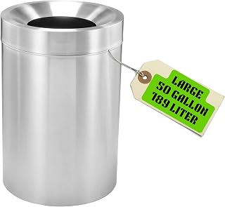 Alpine Industries Commercial Stainless Steel Trash Can – Open Top 50-Gallon Heavy-Duty Garbage Can, Modern, Round, Large Waste Receptacle for Indoor Use High-Traffic Areas - Brushed Silver