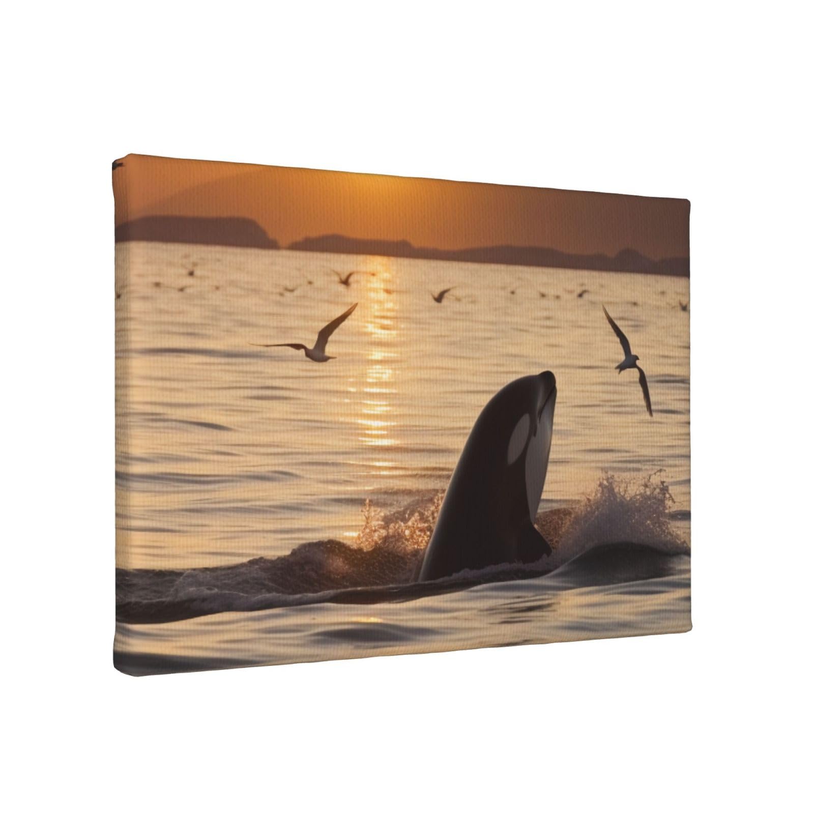 YKLJG Killer Whale Under Sunset Printed Wall Art Canvas Painting 30x20 CM Wooden Framed Picture Painting Artwork Prints for Bedroom Kitchen Home Office Decor