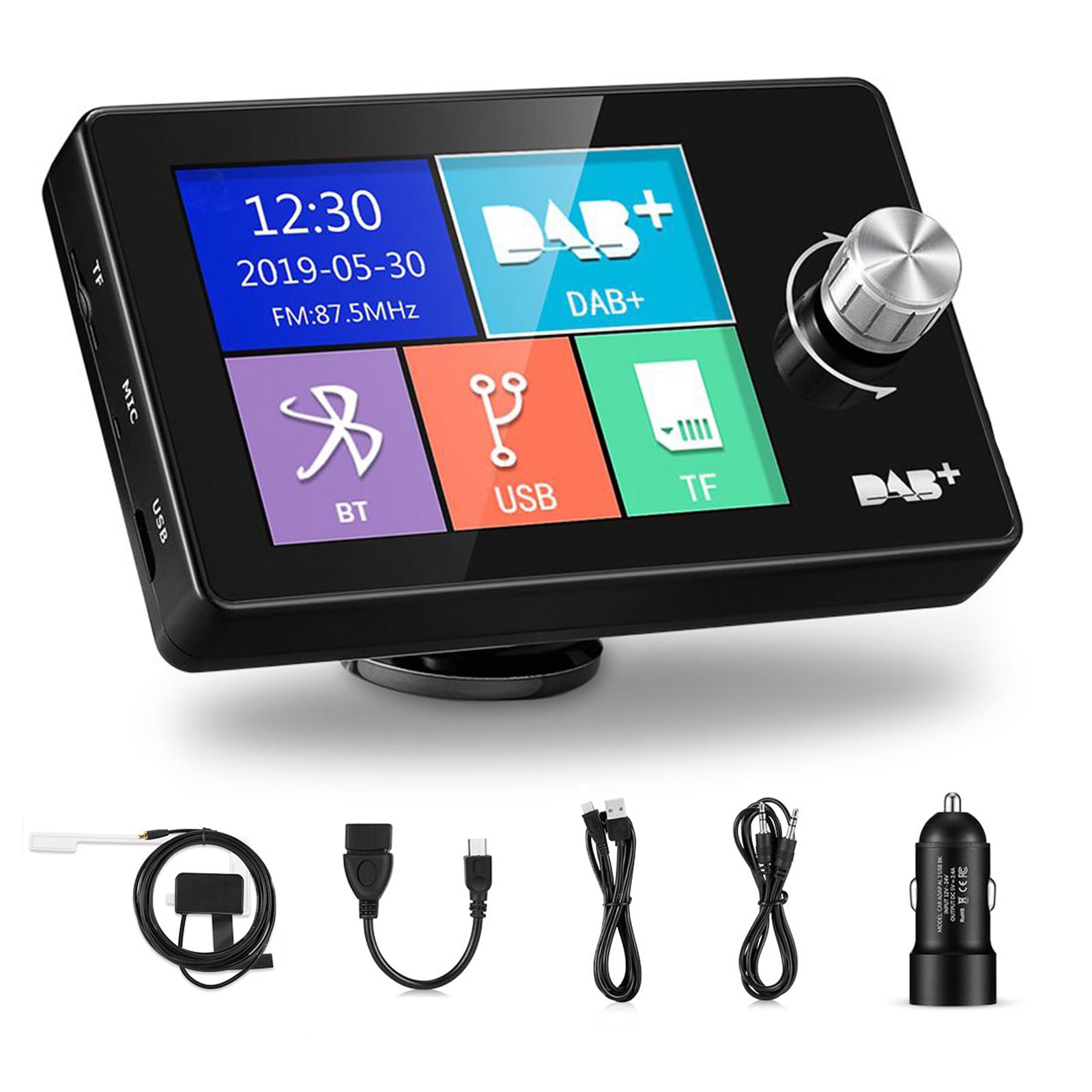 Adattatore DAB+ per autoradio, adattatore DAB stereo con display LCD da 2,8 pollici, trasmettitore FM Plug & Play con vivavoce Bluetooth e riproduzione di musica, ricevitore DAB portatile con Aux-In