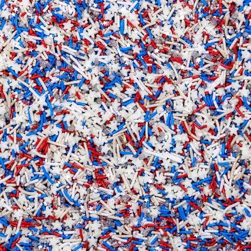Image of Fancy Sprinkles Superheroes, Assemble! Crunchy Jimmies, Sugar Nuggets, Mini Edible Glitter Stars, And Hexagons In Metallic Silver, Red, White, And Blue.,1 Count,133.4 grams
