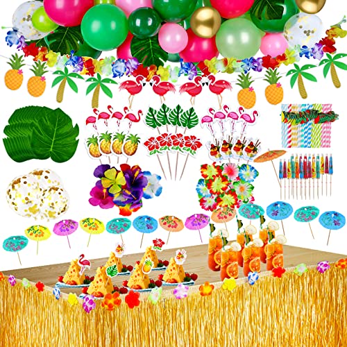 FYEPAGU 146 Pièces Ensemble de Décoration de Fête Tropicale Hawaïenne, Feuilles de Palmier, Fleurs Hawaïennes, Ananas en Papier pour Plage été Anniversaire Barbecue Fournitures de Fête de Jardin