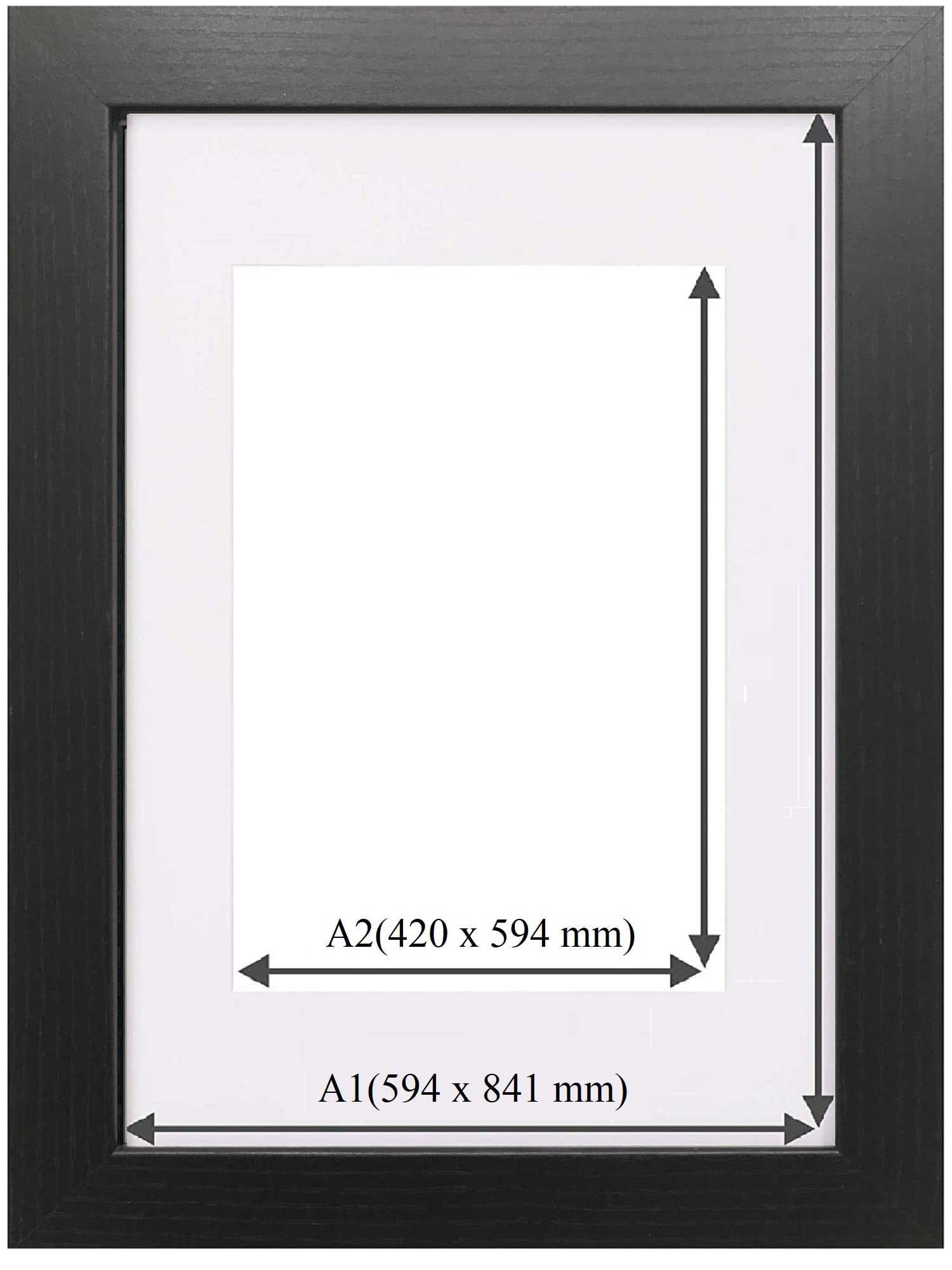 Modern A1(59.4 x 84.1 cm) Picture Frame With Mount Photo Frame for Image Size A2(42x59.4cm), With Clear Plexiglass Sheet, to Hang Portrait or Landscape (BLACK)