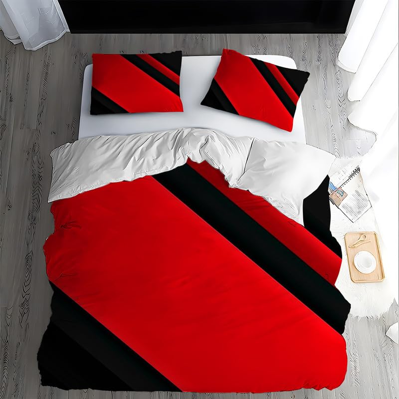 Housse De Couette 200x200 Cm Rouge à Motifs + 2 Taies 65x65 Cm - Parure De Lit En Microfibre - Fermeture Éclair - 8