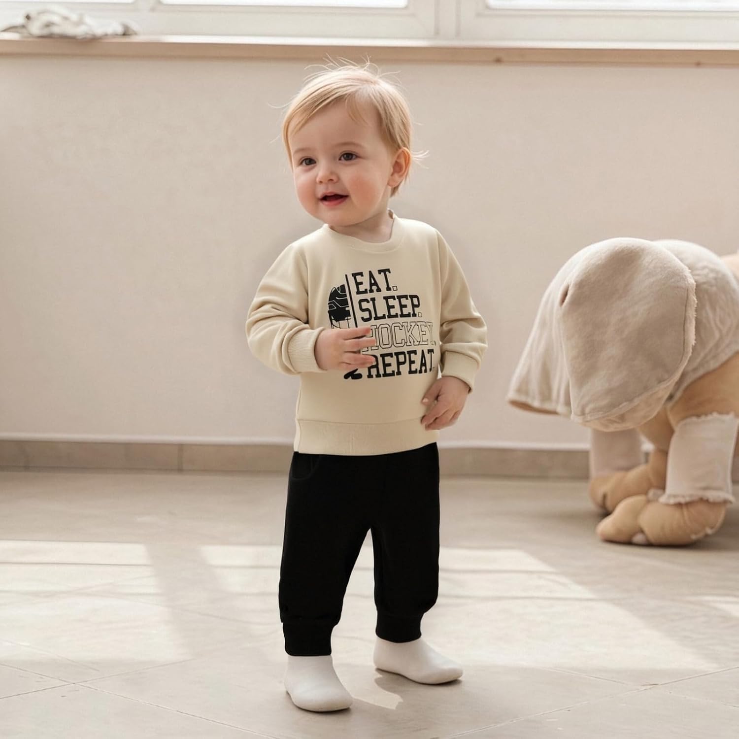 Toddler Baby Boy Hockey Outfit Sweatshirt Pants Set Fall Suit (Apricot, 18-24 Months)