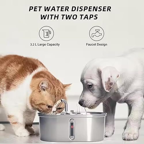 Miniatura 2 de Fuente de agua doble para gatos de 3 litros101 onzas, fuente de acero inoxidable para bebederos para mascotas, cuencos 2 en 1 para gatos