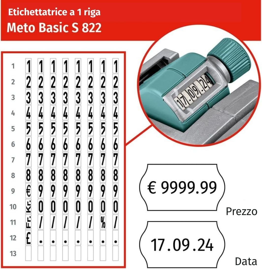 Meto Basic S prezzatrice etichettatrice - Prezzo, Data, Data di scadenza (linea singola, 8 cifre per etichette da 22×12 mm, pronta per l'uso)