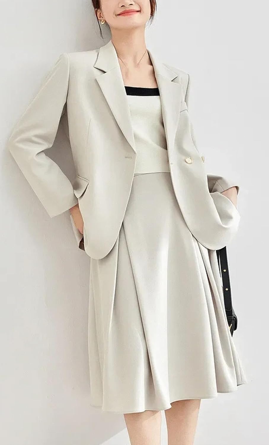 Women Elegant Business Blazer Pleated A Line Dresses 2 Piece Set Office Lady Style Notched Collar Loose Fit Dress Suits