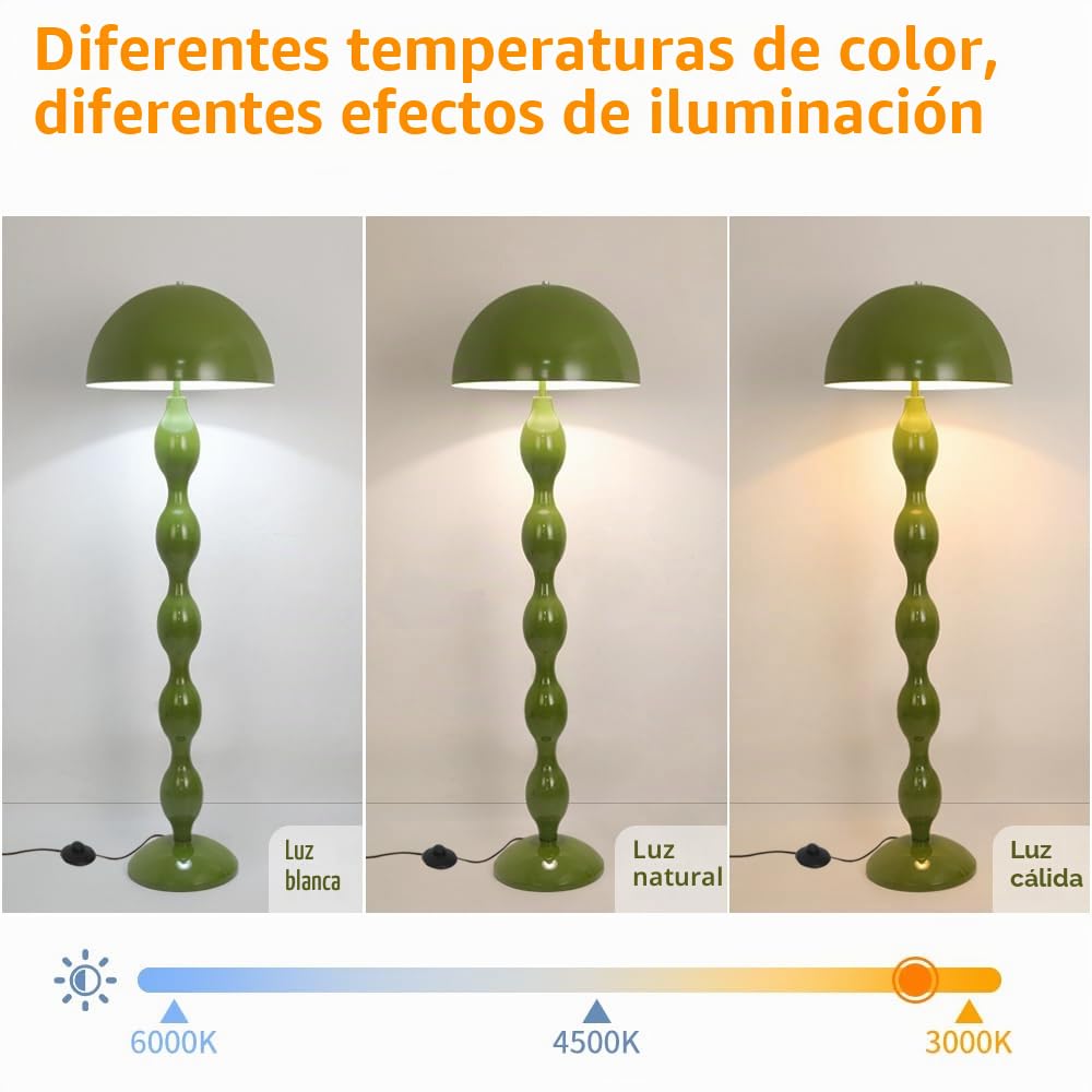 Lampara de Pie Salon,Lámpara de Pie LED Verde en Forma de Seta,Lampara de Pie Lectura Moderna para Dormitorio con Interruptor de Pedal,Lámpara de Esquina de 150 cm para Decoración del Hogar