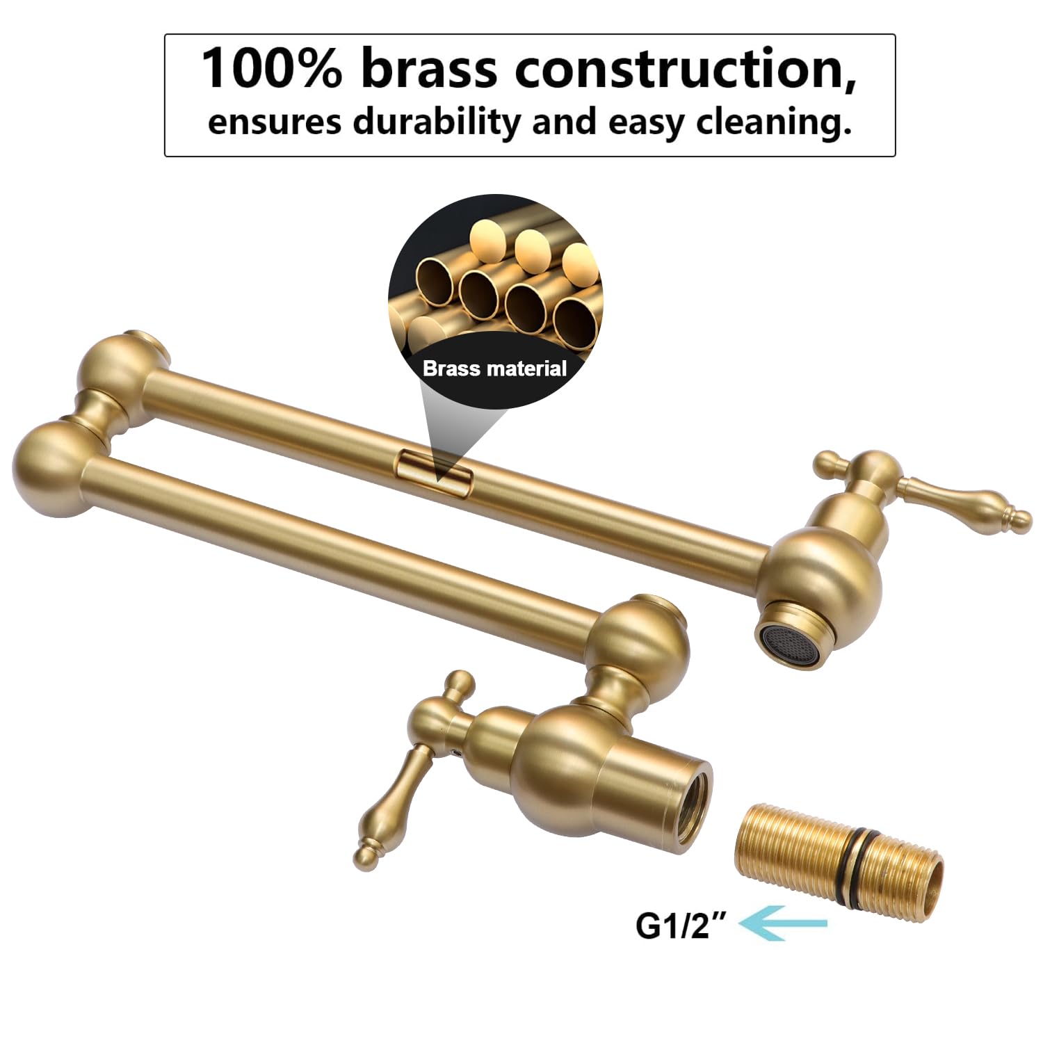 Grifo de fregadero de cocina Latón de un solo agujero dos manijas Pot Filler Grifo plegable (oro claro)