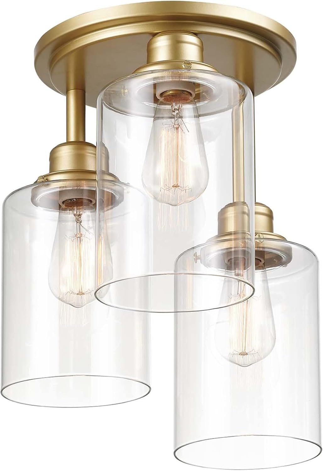 Globe Electric 65457 3-Light Flush Mount Ceiling Light, Matte Gold, Clear Glass Shades, Ceiling Light Fixture, Light Fixtures Ceiling Mount, E26 Socket, Bedroom Lights for Ceiling, Home Improvement