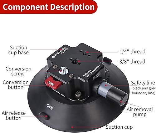 Miniatura 4 de IFOOTAGE Soporte para cámara para automóvil VS-146, carga útil de ventosa para vehículos, 66.1 lbs, fijación segura de 12 horas, roscas de 3/8