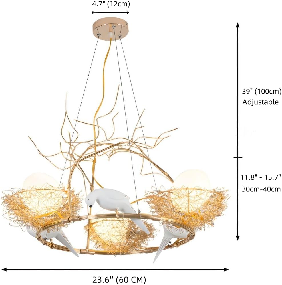 Bird Nest Chandelier Metal Wire Cage Chandelier Rustic Gold Pendant Lighting with White Glass Globe Shade and Bird Accents for Living Room Dining Room - 3 Light