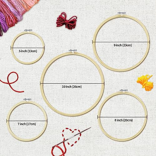 Image of Cldamecy 5 Pieces Embroidery Hoops 5 inch to 10 inch,Round Bamboo Adjustable Frame Circle Cross Stitch Hoop for Embroidery,Decoration and Art Craft Sewing