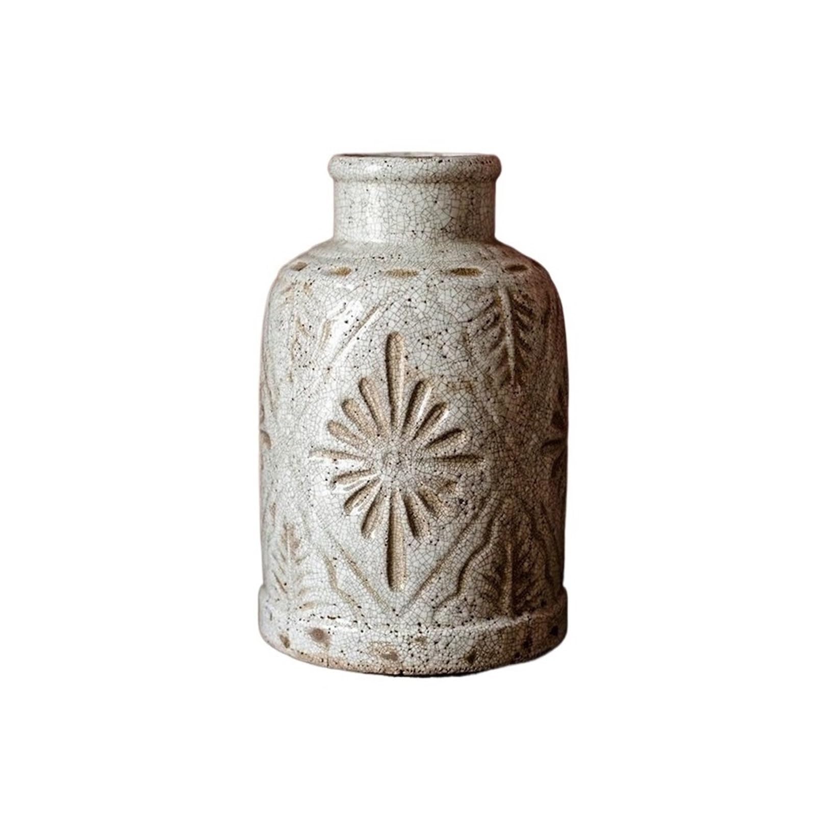 Elegant Distressed White Crackle Glaze Vase with Embossed Floral Pattern 32.5cm H x 20. W Farmhouse Decorative Table Centerpieces