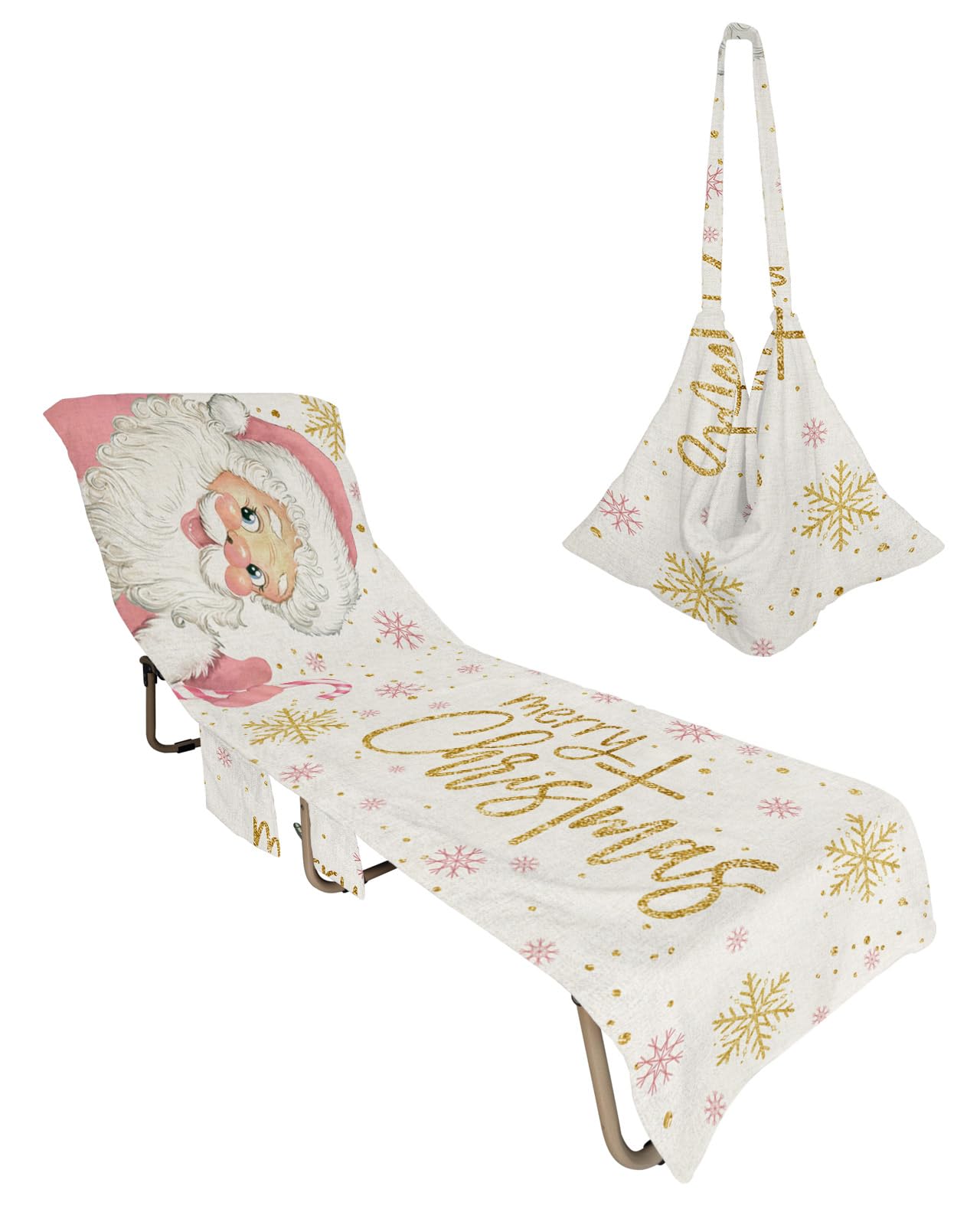 Blush Pink Santa Beach Chair Towel Covers for Chaise Lounge with Side Pocket, Soft Plush Pool Towels Cover for Patio Sunbathing Outdoor 29''x85'' Merry Christmas Gold Snowflake