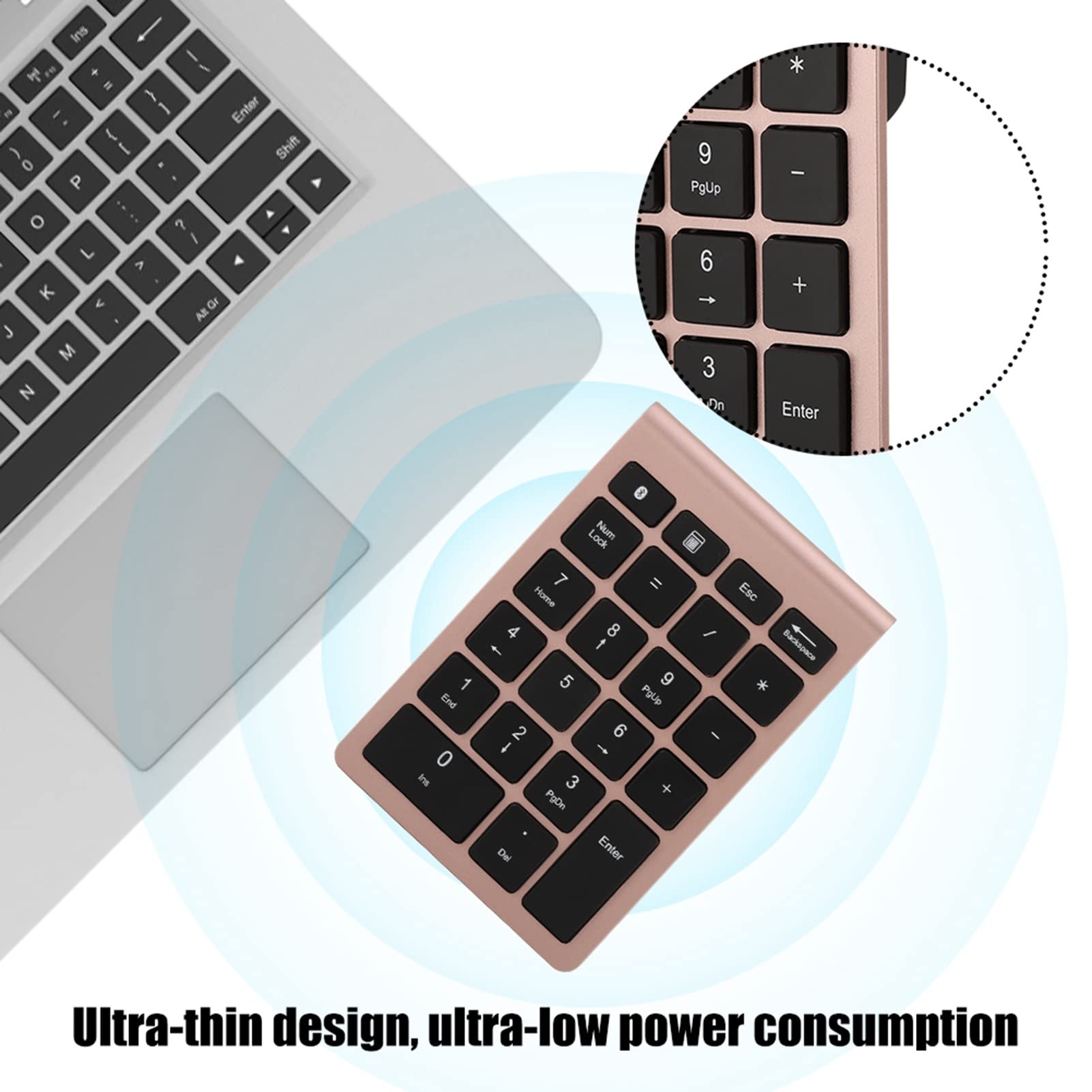 Klawiatura Numeryczna Bezprzewodowa Mini Klawiatura - Bluetooth 5.0 Ergonomiczna Klawiatura Klawiszy 22 dla Systemu Android, Windows, Mac OS - Struktura Klawiszy Nożycowych - (Różowe złoto)