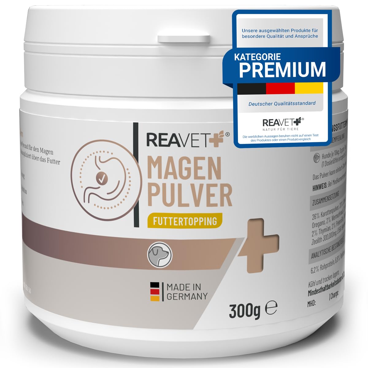 ReaVET Magenpulver für Hunde 300g mit Ulmenrinde ohne Aufkochen I sekundierend bei Durchfall, Blähungen, Grasfressen I Verdauungsunterstützung – Futtertopping Magen & Darm Pulver Slippery Elm Bark