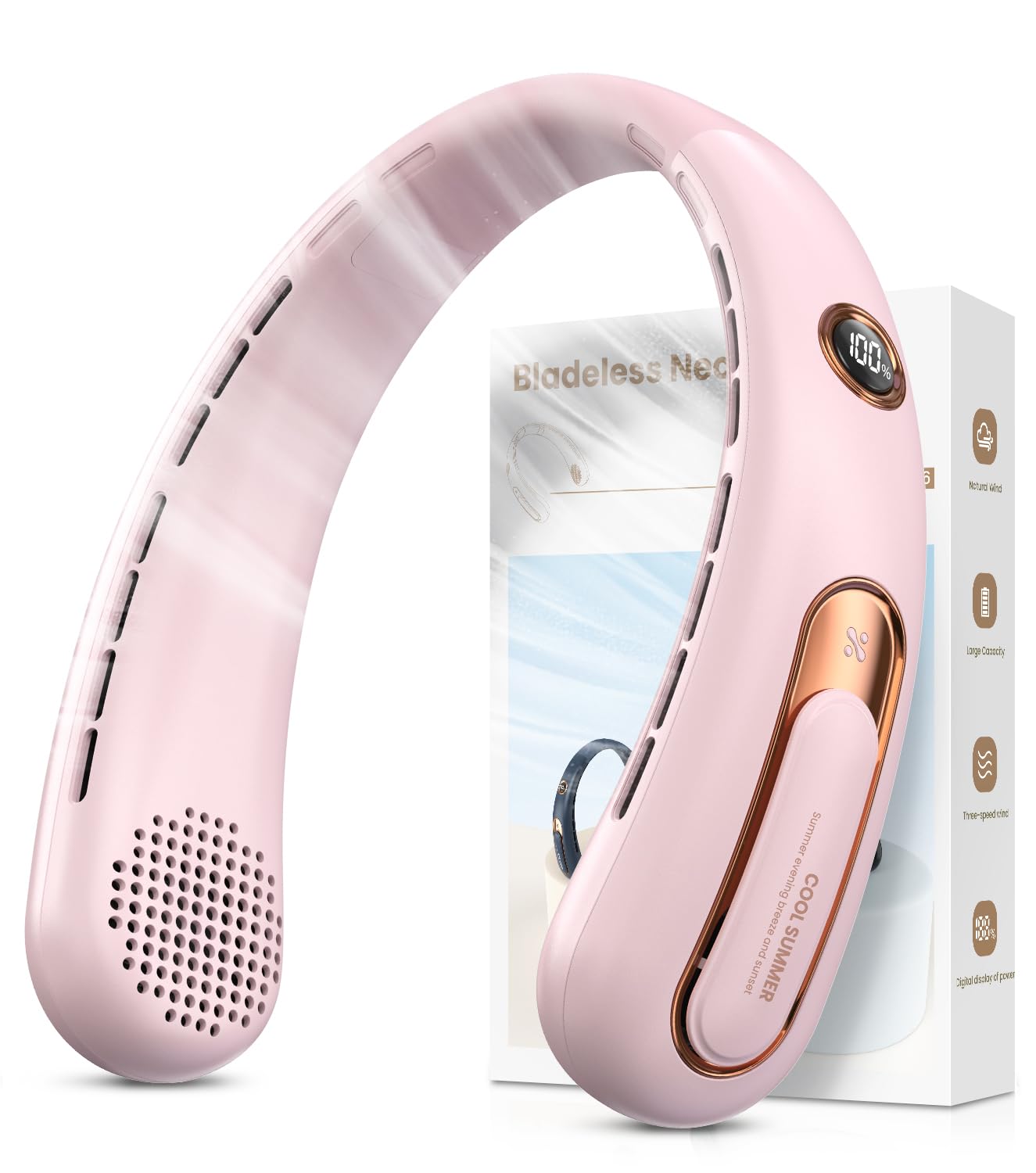 Nackenventilator, 3 Stufen Leise und Leistungsstark Bladeless Halsventilator mit LED-Anzeige, 4000mAh Akku Ventilator USB Aufladbar für 15H, Freihändige Leicht Ventilator Tragbarer für Küche,Unterwegs