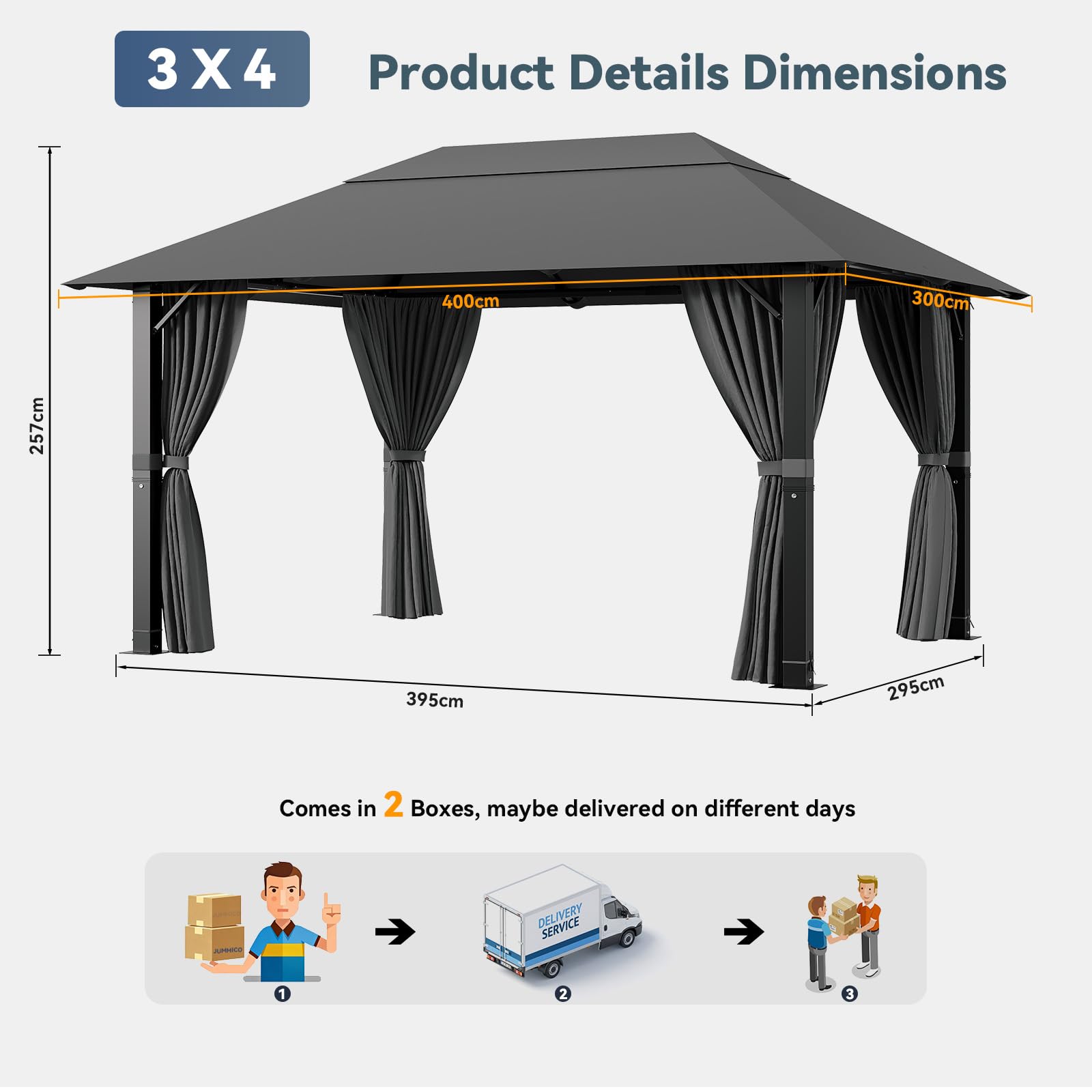 JUMMICO Tonnelle 3x4 Imperméable en Aluminium Résistante au Vent et aux UV avec Rideaux Idéale pour Jardin et Terrasse Structure Robuste et Durable Protection Efficace Contre Mauvais Temps