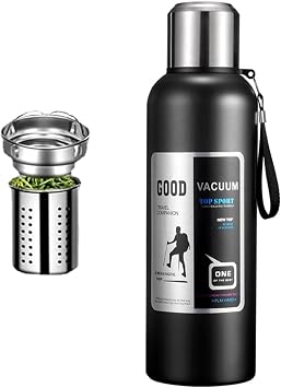 Insulated Water Bottle, Vacuum Insulated, 0.4 gal 1 L / 0.4 gal 1.5 L / 0.6 gal 2 L Stainless Steel Bottle, Insulated Tea Separation Cup, Large Capacity, Wide Mouth, Separate Water Bottle, Direct Drinking Pot Cup Included, Tea Strainer Included, Outdoors, Travel, Mountain Climbing, Exercise, Home Use, Portable Black, 5.9 gal 1.5 L
