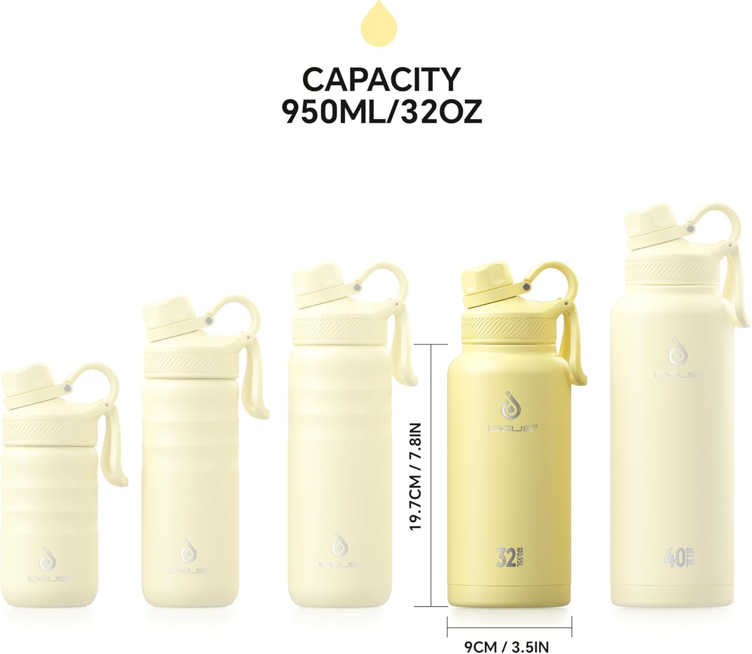 IDEUS Insulated Stainless Steel Water Bottle with 2 Leak-Proof Lids, Thermal Water Flask for Hiking Biking, 32oz, Light Yellow - Image 7