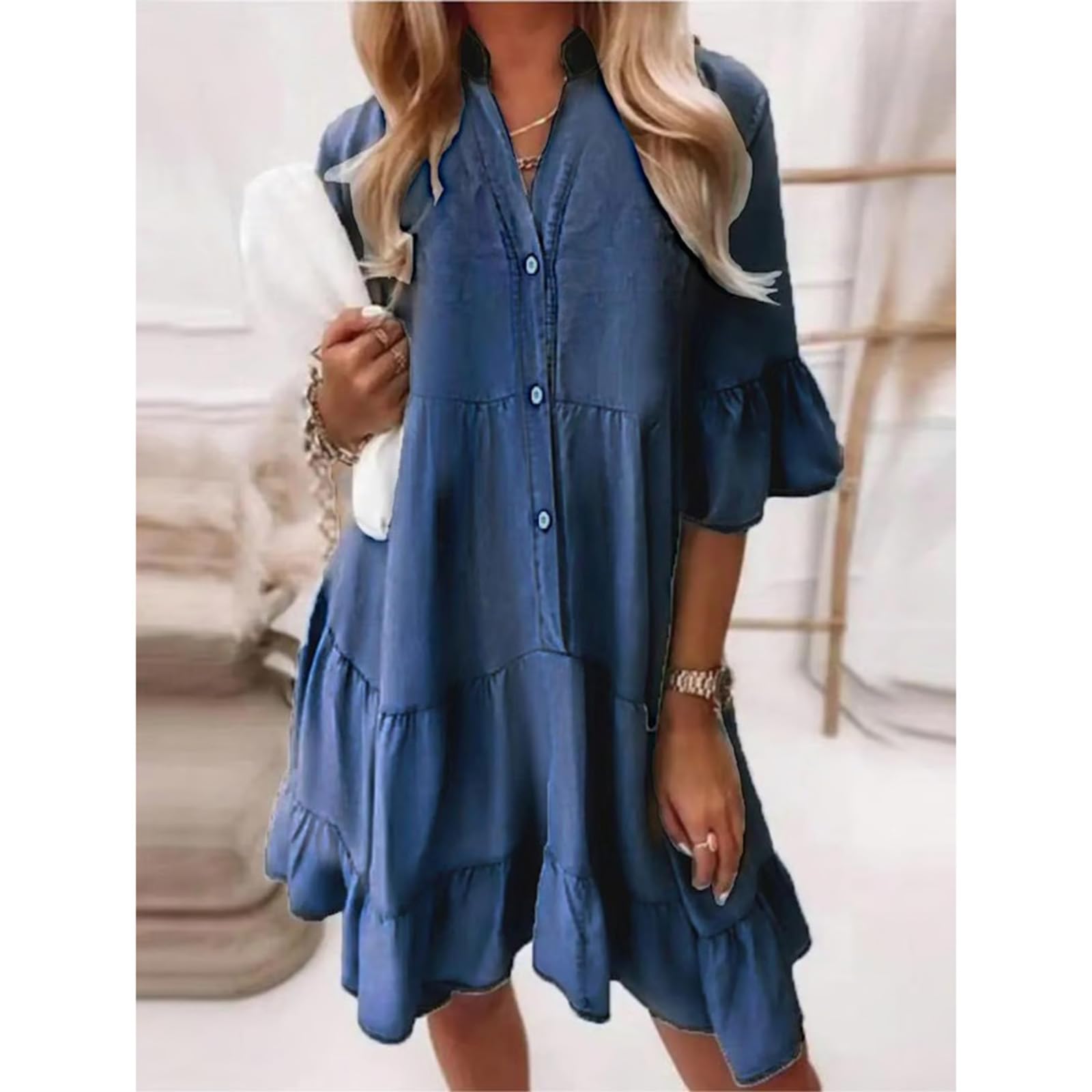 Générique Robe d'été à Volants et col en V pour Femme, en Jean léger, Manches mi-Longues, décontractée, boutonnée, en Coton.