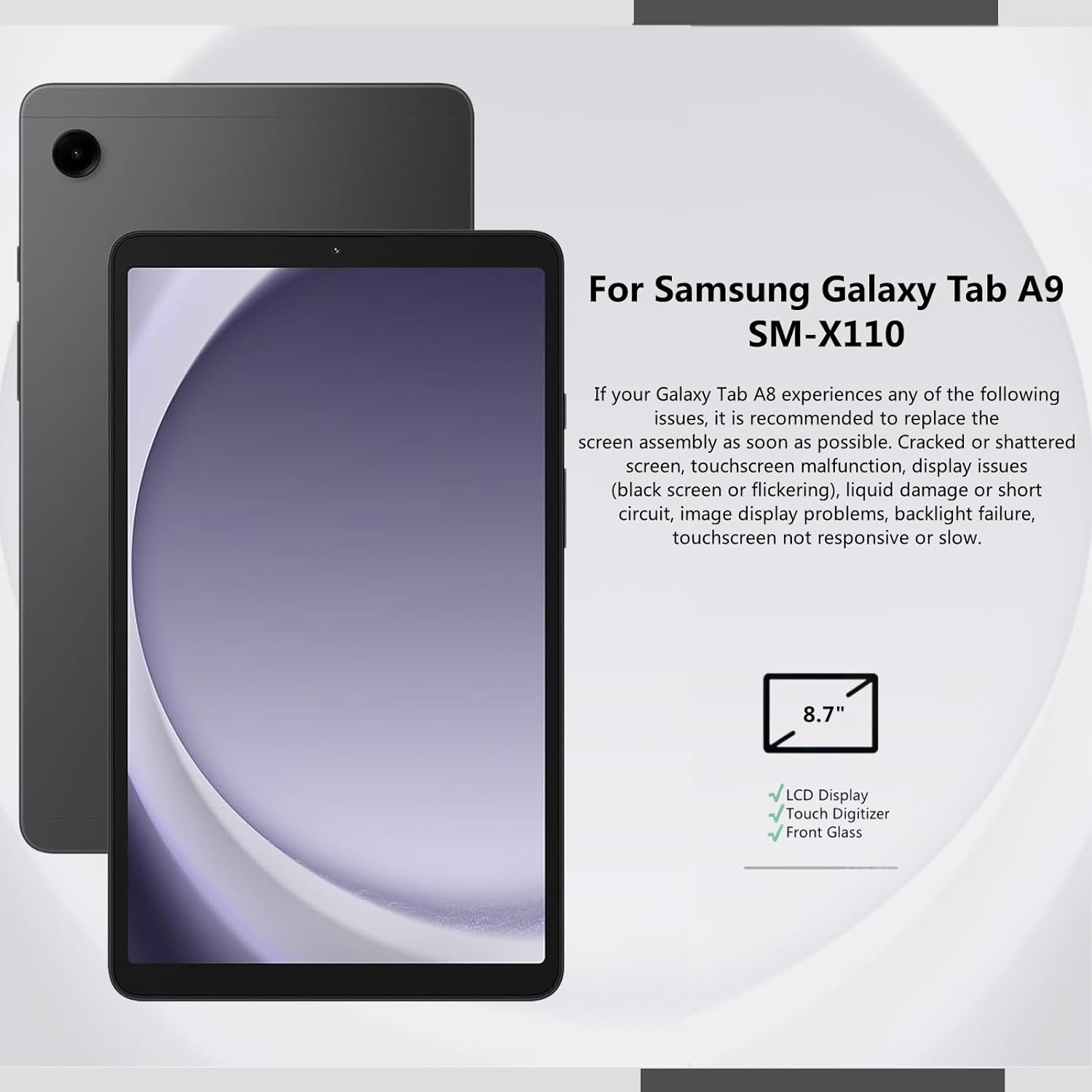 for Samsung Galaxy Tab A9 SM-X110 8.7" (2023), Tablet Screen Replacement Kit, LCD Display Touch Screen Digitizer Full Assembly Repair Parts + Screen Protector (Without Frame)