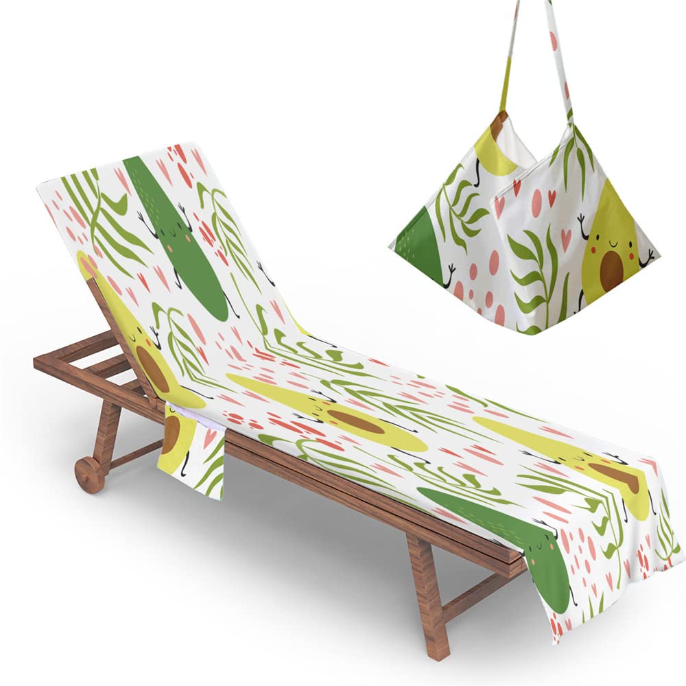 RRrawgff Beach Chair Cover Towel, Fashion Avocado Print Beach Towel Lounger Bags with Pockets, Microfiber Sunbed Sun Lounger Towels for Summer Outdoor Garden Pool Travel (Palm Leaves,73x210cm)