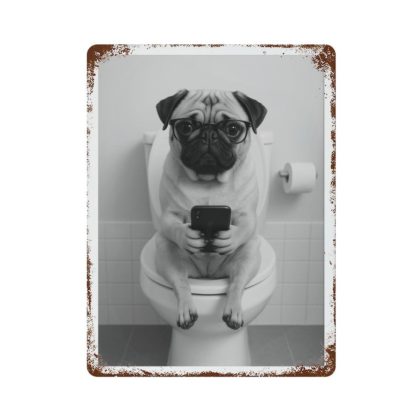 xiaoxiaoshen Pug on Toilet Dog Trendy Wall Decor Art Metal Tin Poster Modern Home Decor Art Home Bar Shop Decorations Vintage Sign 40x30cm