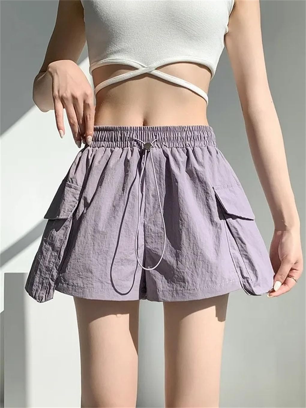 Short taille haute avec cordon de serrage pour femme - Séchage rapide - Poche - Vêtements de travail et de sport