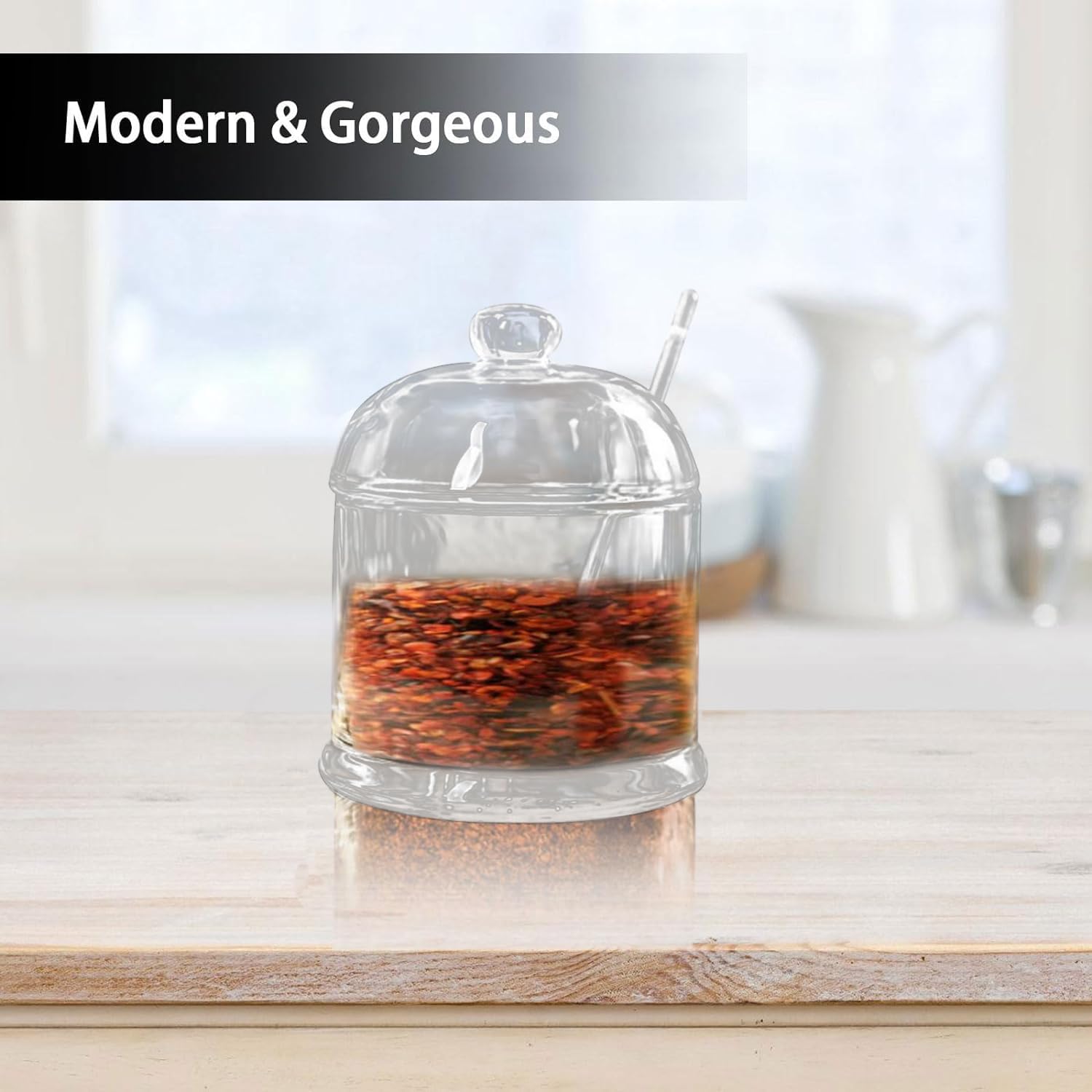 Lot de 2 pots à sucre en verre avec couvercle en verre et cuillère, 270 ml, transparents, pour sucre en dés, confiture, sel, épices dans la cuisine