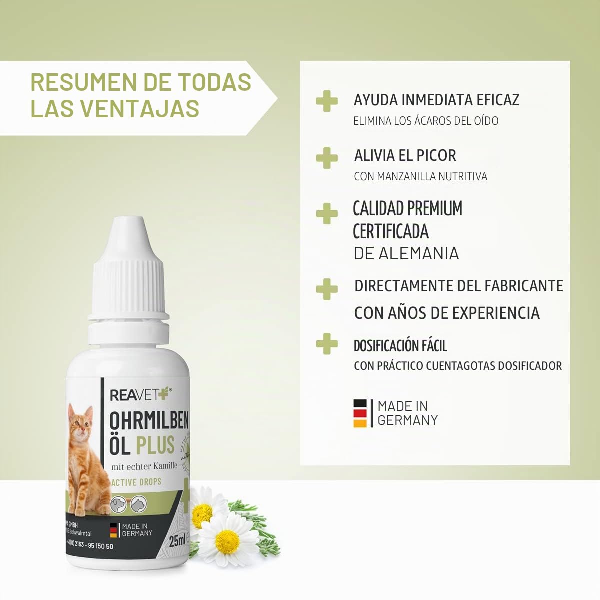 ReaVET Aceite de ácaros del oído Plus 25 ml para gatos de inmediato – contra los ácaros del oído con manzanilla para gatos, cuidado suave en caso de picazón en el oído, gotas para los oídos, ácaros,
