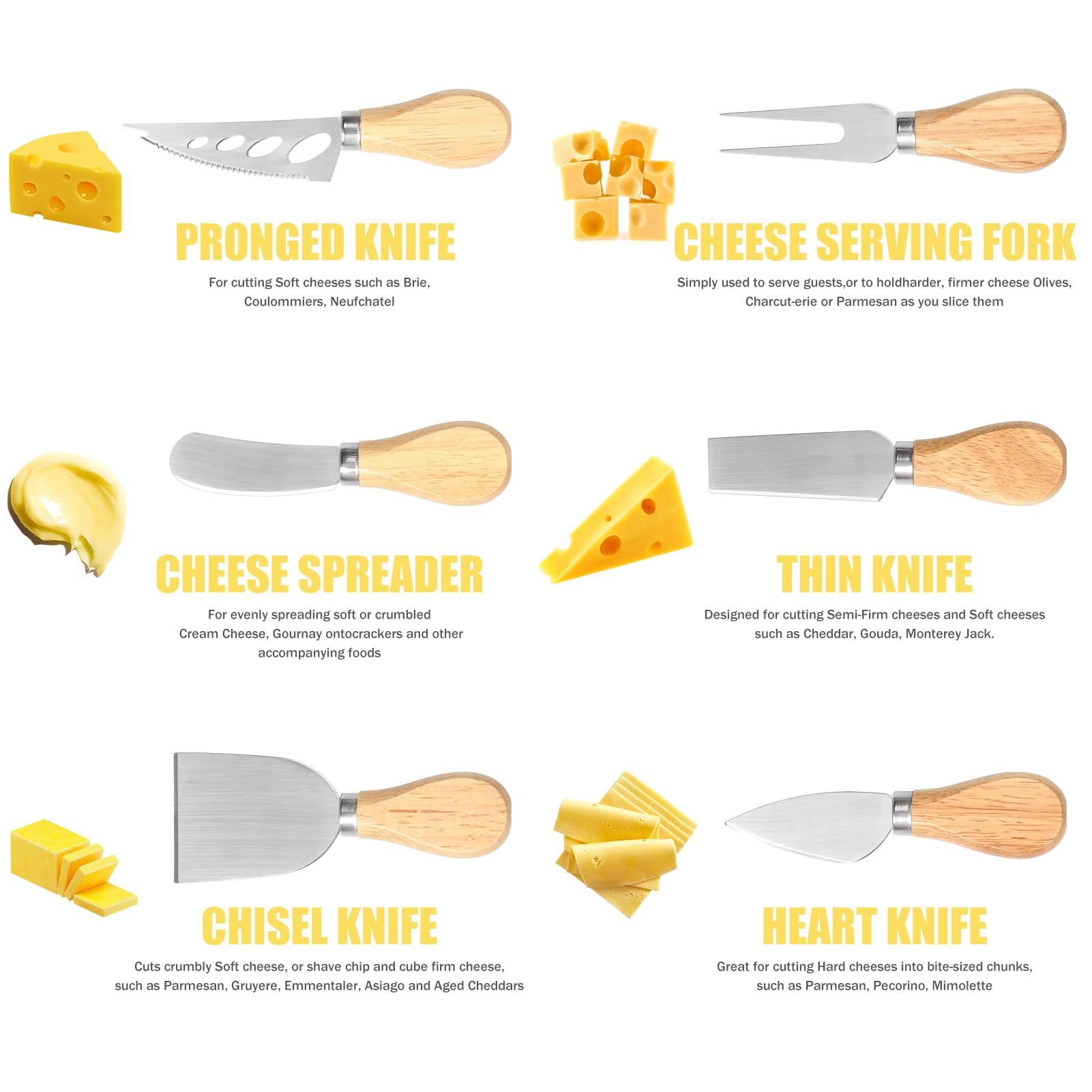 Cheese Knife Set, Mini Stainless Steel Cheese Knife Set with Wooden Handle, Cheese Spreader Knives, Butter Knives, Cheese Accessories for Birthday, Housewarming, Thanksgiving, Christmas (6 Piece)