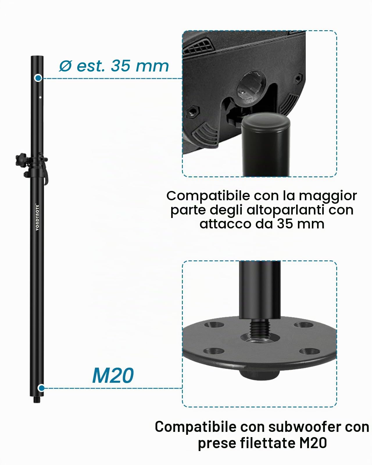 Vondynote Set di 2 Supporto per Altoparlanti Aste Regolabile in Altezza per Montaggio Filettato M20 e Prolunga per Altoparlante da 35 mm