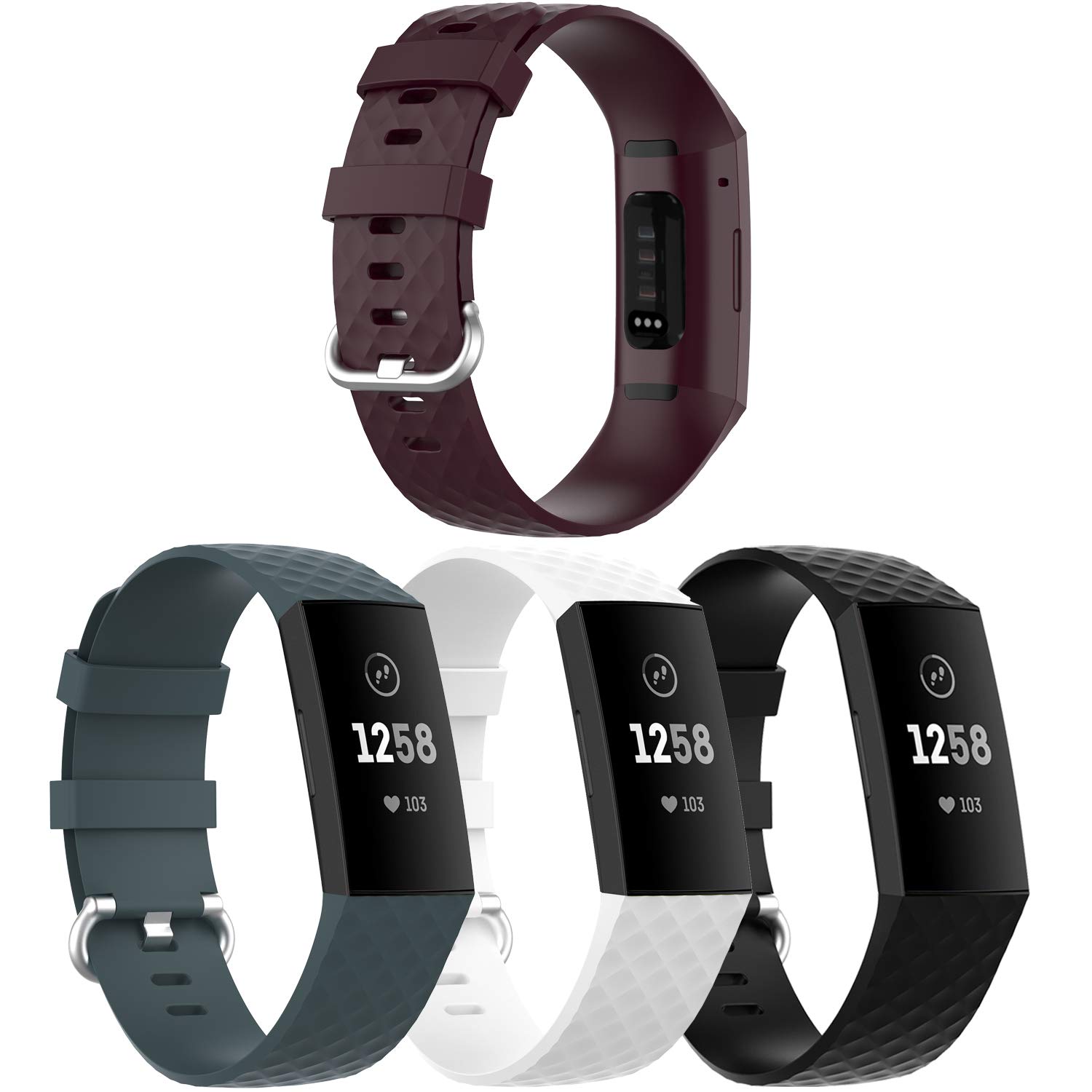4-Pack Compatible with Fitbit Charge 4 / Fitbit Charge 3 / Charge 3 SE Bands, Silicone Sports Replacement Wristbands Strap for Fitbit Charge 4 Band Accessories (Maroon Cyan White Black, Large)
