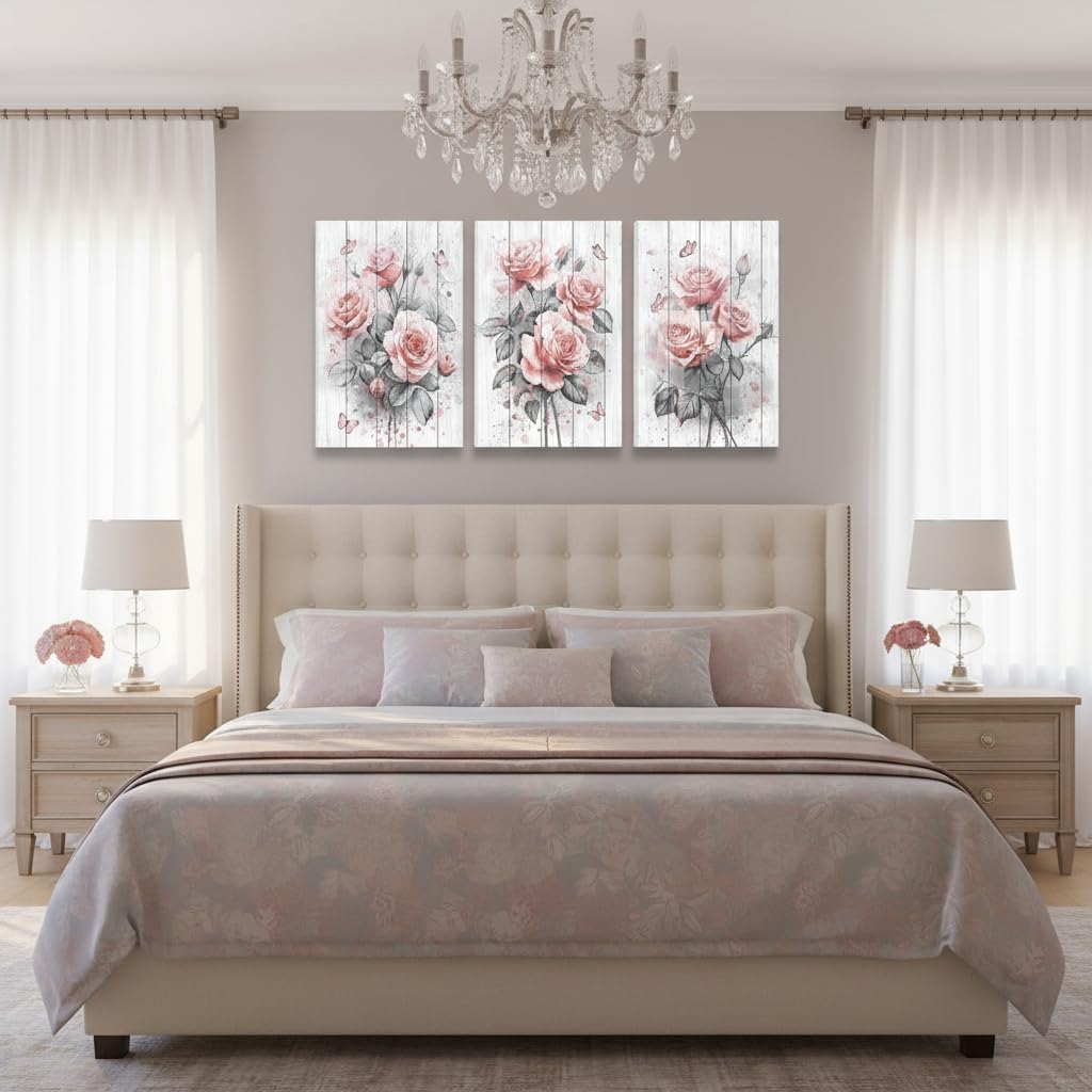 NutArtPic Pink Flower Wall Art Canvas Grey Pink Picture Prints Rose Floral Paintings for Bedroom Living Room Bathroom Decor (medium)