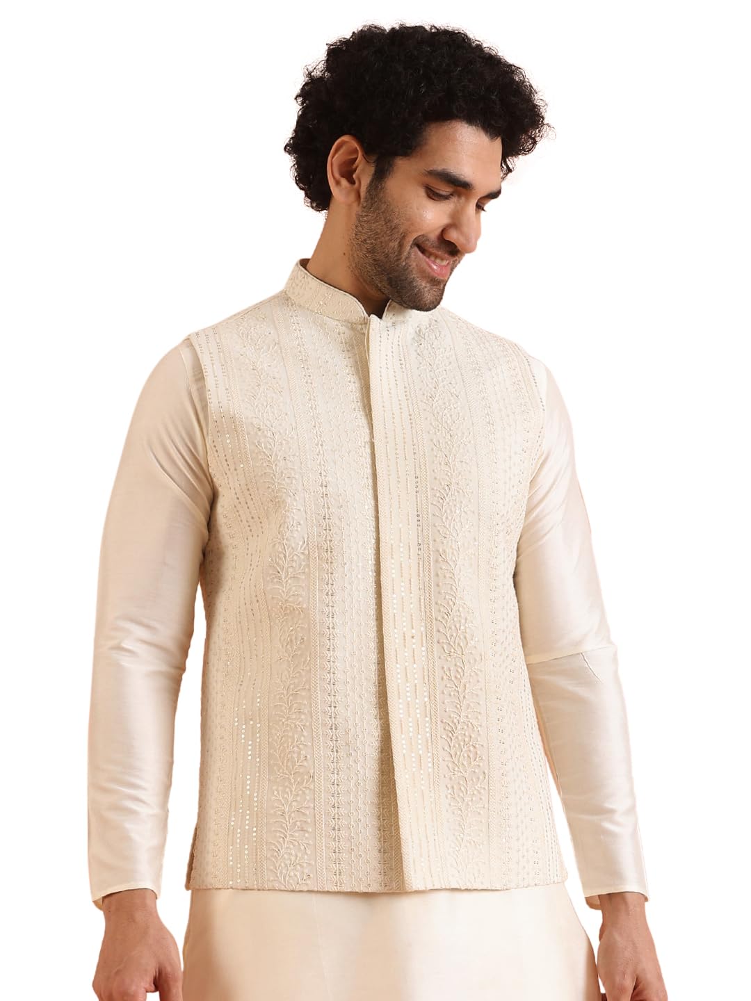 Men Off White Embroidered Chikankari Nehru Jacket-image-24