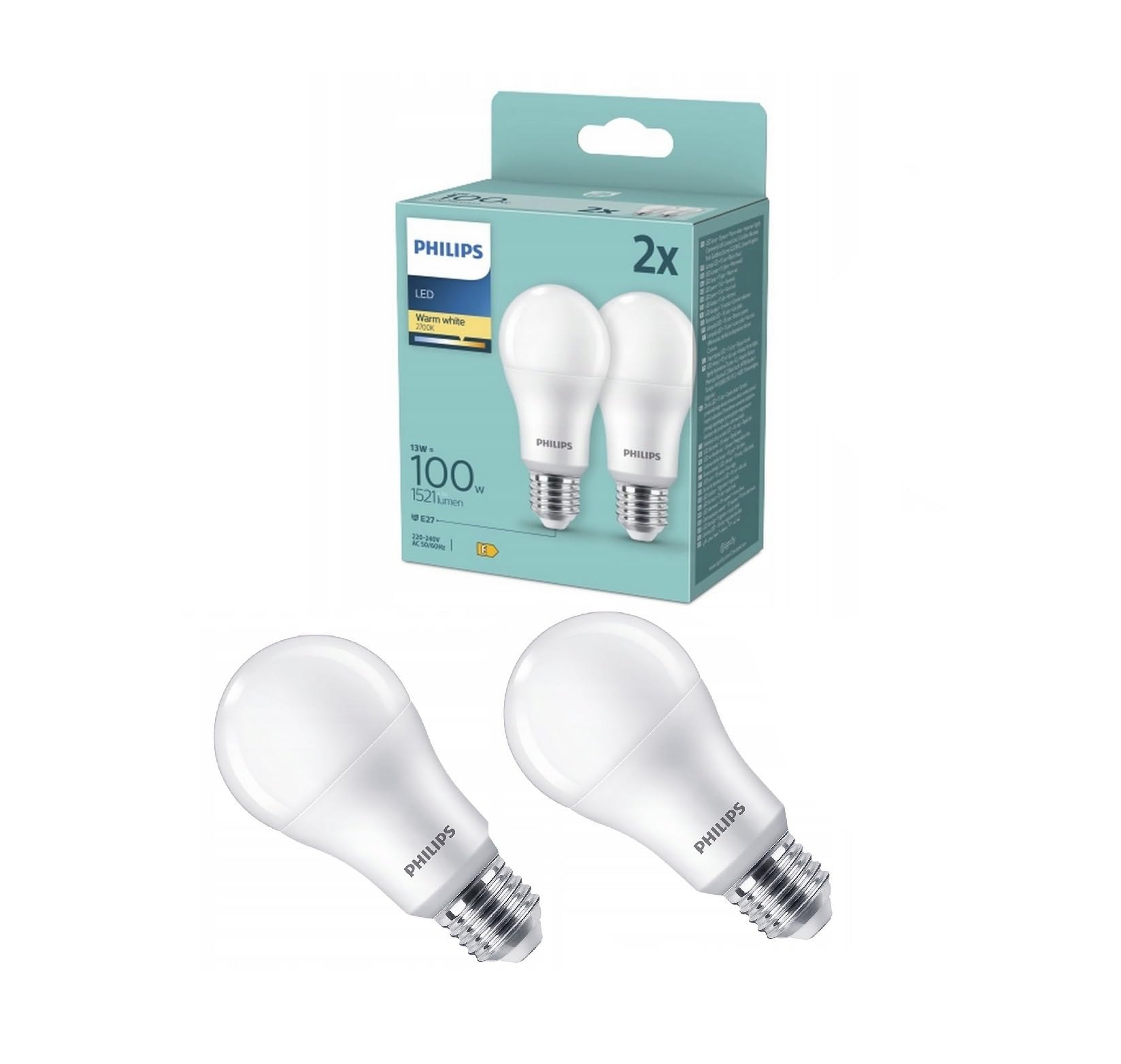 Philips LED-Glühbirne 13W warm 2700K E27 100W 1521lm -2 Stk. pro Pack Energiesparlampen LED-Glühbirne Energiesparlampe