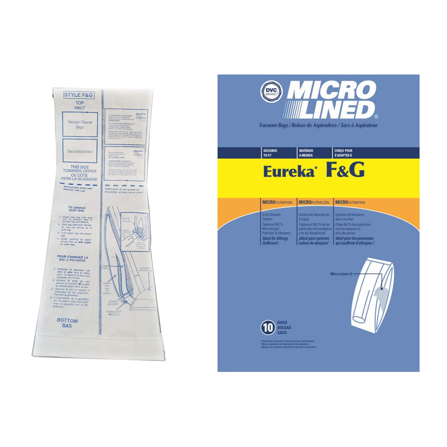 DVC Micro-Lined Paper Replacement Bags For Eureka Style F/G and Sanitaire Commercial Uprights - 10 Bags