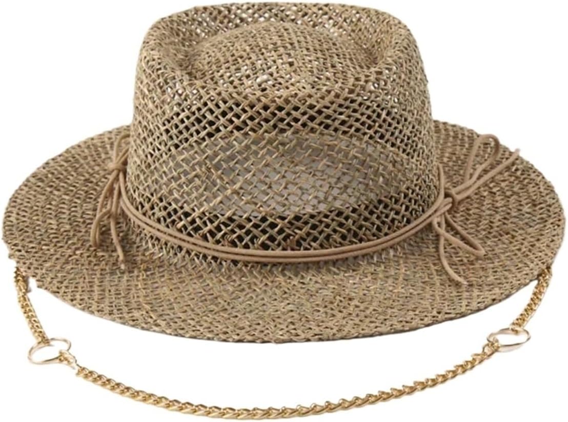 Women's Straw Fedora Sun Hat – Wide Brim Sea Grass with Gold Chain Detail for Summer and Beach